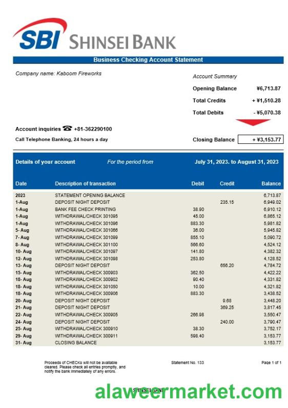 Shinsei Bank business statement Word and PDF template